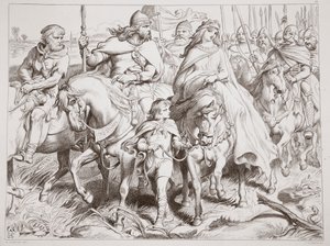 Hereward bewacht Alftruda an einen sicheren Ort, Illustration aus Hereward the Great von Charles Kingsley, veröffentlicht 1870, graviert von C.G. Lewis von Henry Courtney Selous