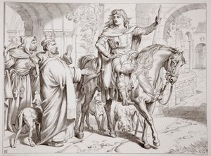 Hereward informiert seinen Onkel, den Prior, dass er geächtet wird, Illustration aus Hereward the Great von Charles Kingsley, veröffentlicht 1870, graviert von C.G. Lewis
