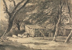 Bauernhof mit Schweinen beim Fressen von Henry Edridge