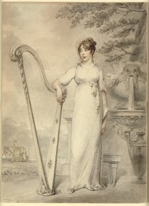 Ganzkörperporträt von Miss V. Dupuis, die ihren Arm auf eine Harfe stützt. Im Hintergrund ein Brunnen und eine Landschaft mit Hirschen