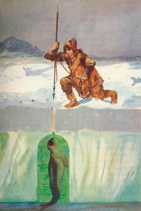 Eskimo, der im Begriff ist, eine Robbe durch ihr Atemloch zu speeren, ca. 1927, 1928