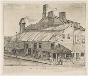 Altes Haus an der Ecke von Peck Slip und Water Street, aus „Szenen aus dem alten New York“ von Henry Farrer