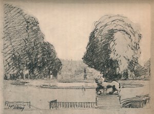 In einem melancholischen Rahmen alter geschnittener Bäume, um 1927