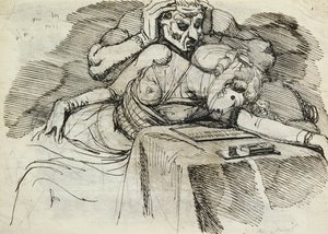 Eine Frau, die an einem Schreibtisch ohnmächtig wird, mit einer drohenden Gestalt dahinter von Johann Heinrich Füssli