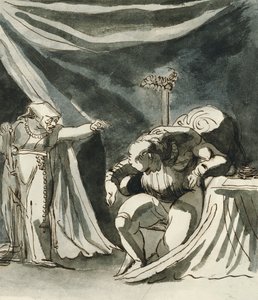 Eine alte Frau mit Rosenkranz verflucht einen sitzenden Mann; möglicherweise Königin Margarete, die den Herzog von Gloucester verflucht