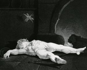 Puck schläft vor dem Landherd, graviert von Moses Haughton Jr. von Johann Heinrich Füssli