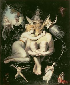 Titania erwacht, umgeben von begleitenden Feen, die Bottom umklammern, der immer noch den Eselskopf trägt, 1793-4 von Johann Heinrich Füssli