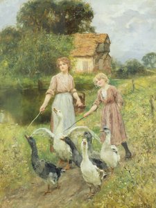 Mädchen, die Gänse hüten