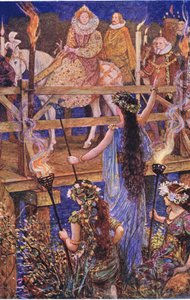 Elizabeth wird von der Dame der schwimmenden Insel willkommen geheißen, Illustration aus Kenilworth, ca. 1910
