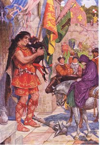 Flibbertibbet als Teufel verkleidet beruhigt den Riesen, als Wayland Amy zur Burg Kenilworth bringt, Illustration aus Kenilworth, ca. 1910
