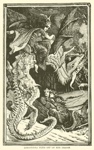 Gorgonzola fliegt auf ihrem Drachen davon (Gravur) von Henry Justice Ford