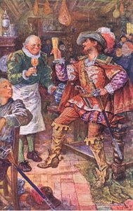 Michael Lambourne trinkt mit dem Wirt des Schwarzen Bären, Illustration aus Kenilworth, ca. 1910 von Henry Justice Ford