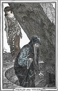 Darstellung von Merlin dem Zauberer und Fee Viviane (Illustration von Henry Justice Ford aus „Das Buch der Romantik“ 1902) von Henry Justice Ford