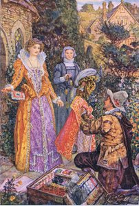 Wayland spielt die Rolle eines Hausierers im Garten, Illustration aus Kenilworth, ca. 1910 von Henry Justice Ford