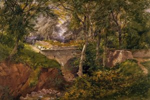 Waldlandschaft mit Schafen, die eine Brücke überqueren, 1868 von Henry Jutsum