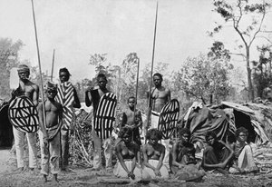 Eine Gruppe von Queensland-Eingeborenen mit Speeren und Schilden, 1902