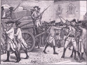 Truppen eskortieren das gestempelte Papier zum Rathaus, New York AD 1765 von Henry Marriott Paget