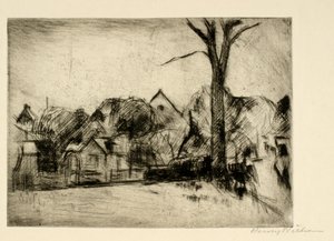 Landschaft mit hohem Baum und Häusern von Henry Nielsen