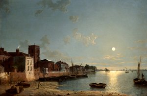 Cheyne Walk in Chelsea, bei Mondschein, ca. 1850 von Henry Pether