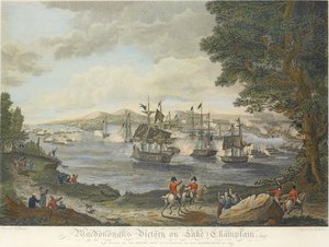 MacDonoughs Sieg auf dem Lake Champlain und die Niederlage der britischen Armee bei Plattsburg durch General Macomb, 11. September 1814, graviert von B. Tanne, 1816