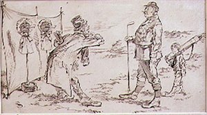 Der Golfer wird vom Verkäufer gestört, Illustration für die Zeitschrift Graphic, veröffentlicht ca. 1870 von Henry Sandercock