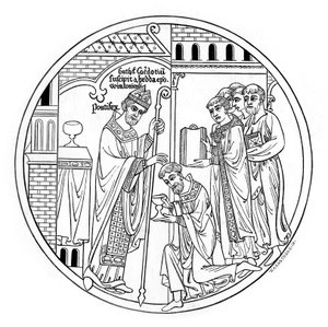 Hedda von Winchester weiht St. Guthlac, spätes 12. Jahrhundert, 1843 von Henry Shaw