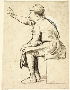 Sitzender Mann mit erhobenem Arm