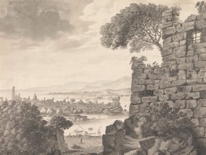 Landschaft mit Ruinen im Vordergrund, Hafen und Dorf im Hintergrund