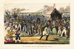 Englische Gentlemen wetten auf ein ungewöhnliches Fußrennen während eines Pferderennens auf dem Champs de Mars, Paris