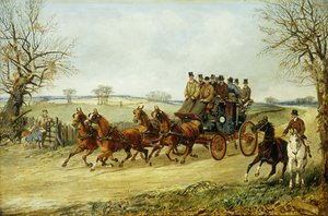 Eine Kutsche und vier Pferde auf einer Herbststraße von Henry Thomas Alken