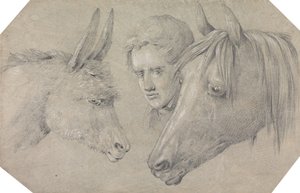 Kopf eines Stallburschen, der zwischen den Köpfen eines Pferdes links und eines Esels rechts schaut von Henry Thomas Alken