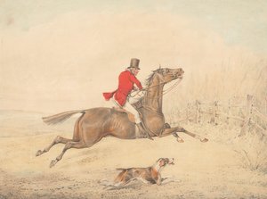 Reiter auf einem braunen Pferd, das im Begriff ist, einen Zaun zu überspringen von Henry Thomas Alken