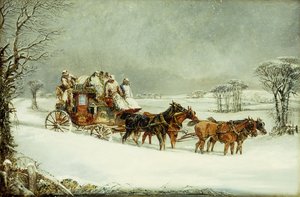 Die königliche Postkutsche von York nach London auf offener Straße im Winter