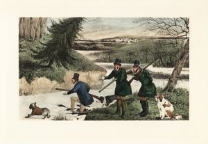 Viktorianische Herren jagen Enten mit Gewehren und Hunden auf einem gefrorenen See von Henry Thomas Alken