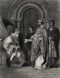 Heinrich II. überreicht die Bulle des Papstes dem Erzbischof von Cashel, graviert von G. Greatbach von Henry Warren