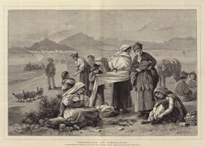 Schmuggel in Gibraltar, Contrabandistas bereiten sich darauf vor, das spanische Zollhaus nach dem Verlassen von Gibraltar zu passieren von Henry Woods