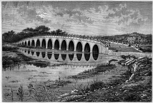 Brücke mit 17 Bögen am Kunming-See beim Sommerpalast nahe Peking im 19. Jahrhundert. Gravur nach einer Zeichnung von Catenacci, nach einem Foto von Thomson, in „Le Tour du Monde, Nouveau journal des Voyages“, herausgegeben von Edouard Charton, Paris