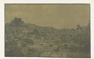 Tal mit einem Fluss und einer Stadt mit vier Türmen
