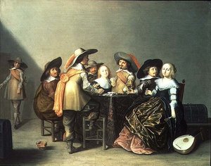 Innenraum mit Damen und Herren beim Kartenspielen von Herman Mijnerts Doncker
