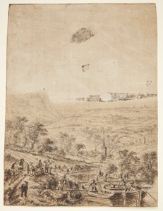 Panoramische Landschaft mit Bauern, Fischern und einer Dorfkirche von Herman Saftleven
