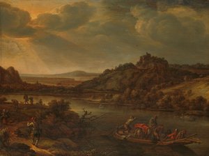Flussansicht mit Fähre von Herman Saftleven