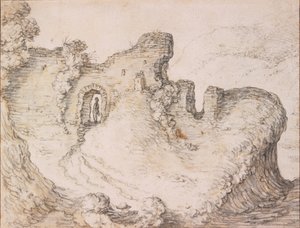 Felsige Landschaft mit Ruinen, die das Profil eines Männergesichts bilden, ca. 1650 von Herman Saftleven