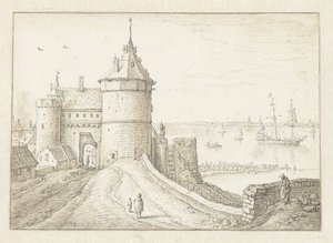 Stadttor mit Blick auf das Meer von Herman Saftleven