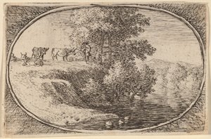 Kuhherde auf einem Felsen links vom Wasser von Herman van Swanevelt