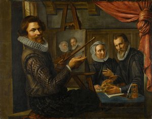 Der Maler in seinem Atelier, das Porträt eines verheirateten Paares malend von Herman van Vollenhoven