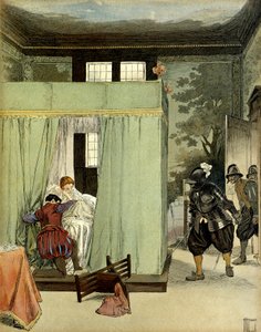 Ein protestantischer Gentleman findet Zuflucht im Bett von Marguerite de Valois, Königin von Frankreich, bekannt als Königin Margot (1553-1615) am Tag des Heiligen Bartholomäus am 24. August 1572. Illustration von Hermann Vogel (1856-1918) in „Henri IV“ von Hermann Vogel