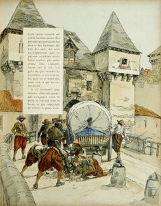 Überraschung von Amiens. Die Spanier benutzten einen Trick, um die Stadt Amiens am 11. März 1597 einzunehmen, indem sie das Fallgitter mit einem Wagen blockierten. Illustration, 1907, von Hermann Vogel von Hermann Vogel