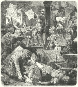 Zerstörung der Druckwerkstatt von Peter Schoffer während des Angriffs auf Mainz durch die Soldaten von Adolph II. von Nassau von Hermann Vogel