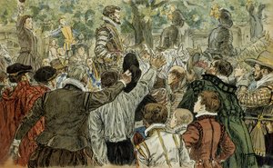 Henri de Guise (1549-1588), Anführer der Katholischen Liga, wird von den Parisern nach dem Tag der Barrikaden (12. Mai 1588) bejubelt. Illustration 1907, von Hermann Vogel (1856-1918). Private Sammlung.