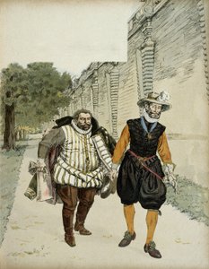 Heinrich IV. (1553-1610) und Charles de Lorraine, Herzog von Mayenne (1554-1611). Erstes versöhnliches Treffen zwischen den beiden Feinden, Mayenne, Anführer der Liga und dem König, in den Gärten des Schlosses von Montceaux, in der Brie, im Jahr 1596. Illu von Hermann Vogel